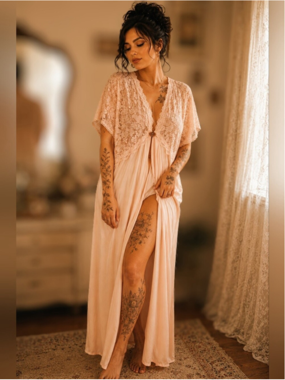 Vintage Private Luxuries Blush Pink Lace Peignoir Nightgown | USA Made